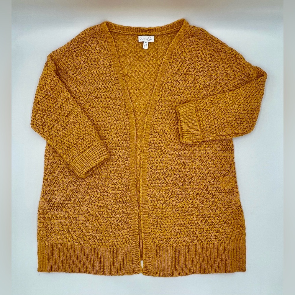 Olivia Sky 3/4 sleeve ribbon-yarn open weave crocheted cardigan